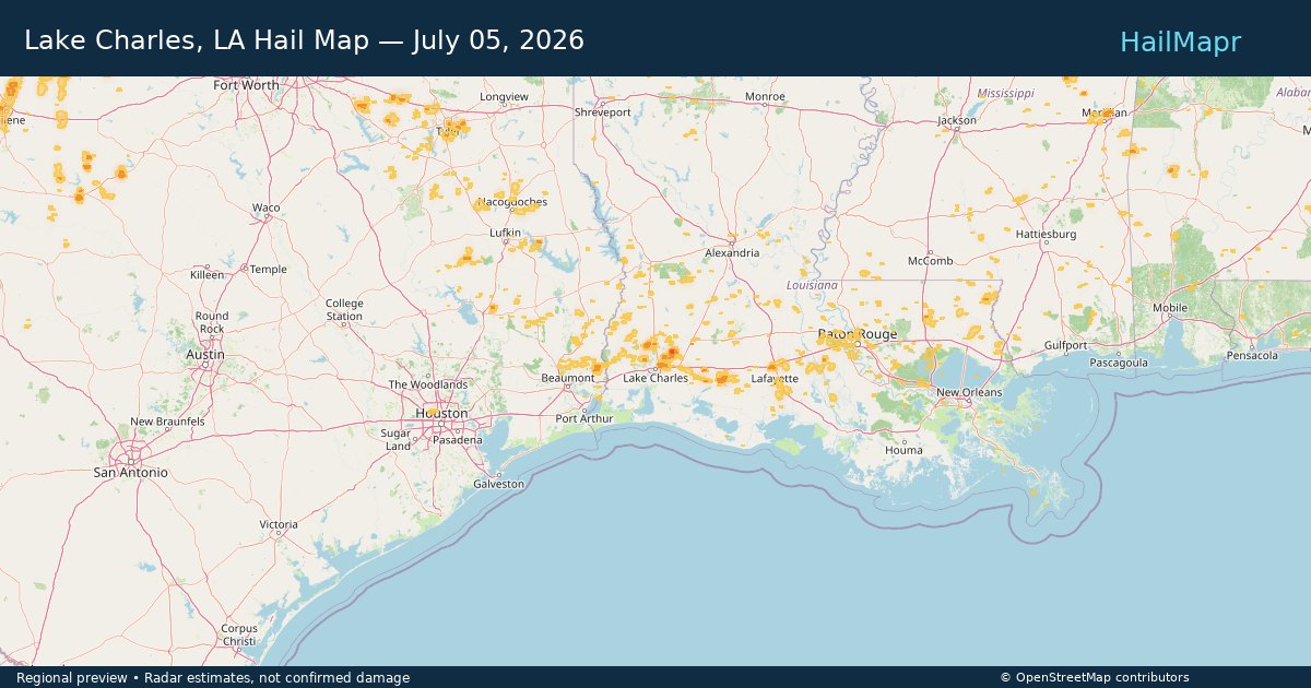 Lake Charles, LA Hail Map — July 05, 2026 — regional heatmap and storm polygons