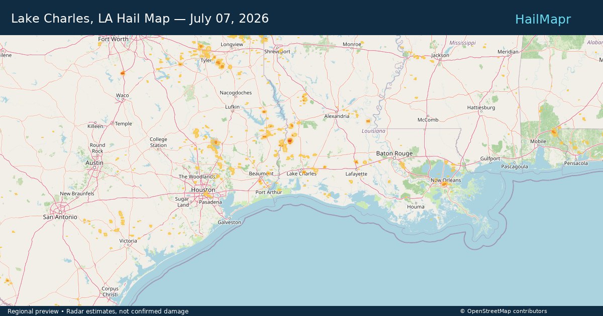 Lake Charles, LA Hail Map — July 07, 2026 — regional heatmap and storm polygons