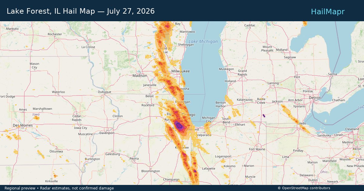 Lake Forest, IL Hail Map — July 27, 2026 — regional heatmap and storm polygons