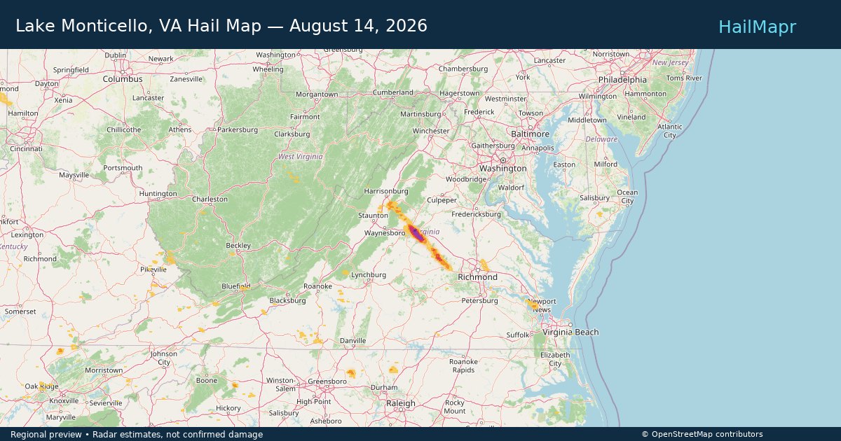 Lake Monticello, VA Hail Map — August 14, 2026 — regional heatmap and storm polygons