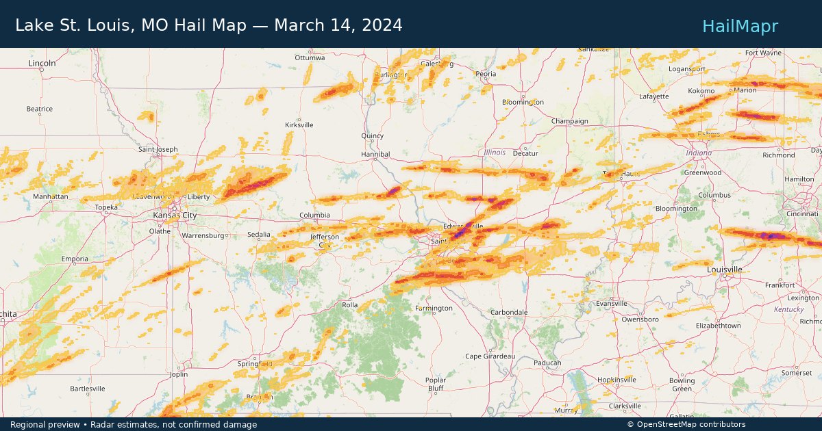 Lake St. Louis, MO Hail Map — March 14, 2024 — regional heatmap and storm polygons
