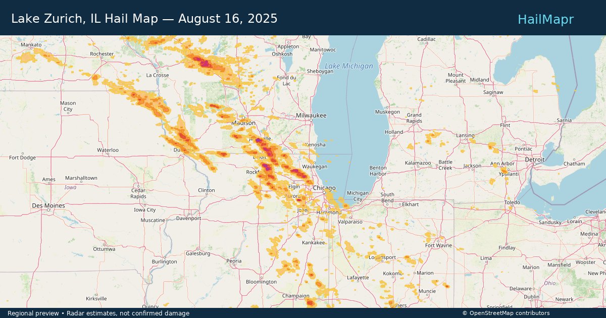 Lake Zurich, IL Hail Map — August 16, 2025 — regional heatmap and storm polygons
