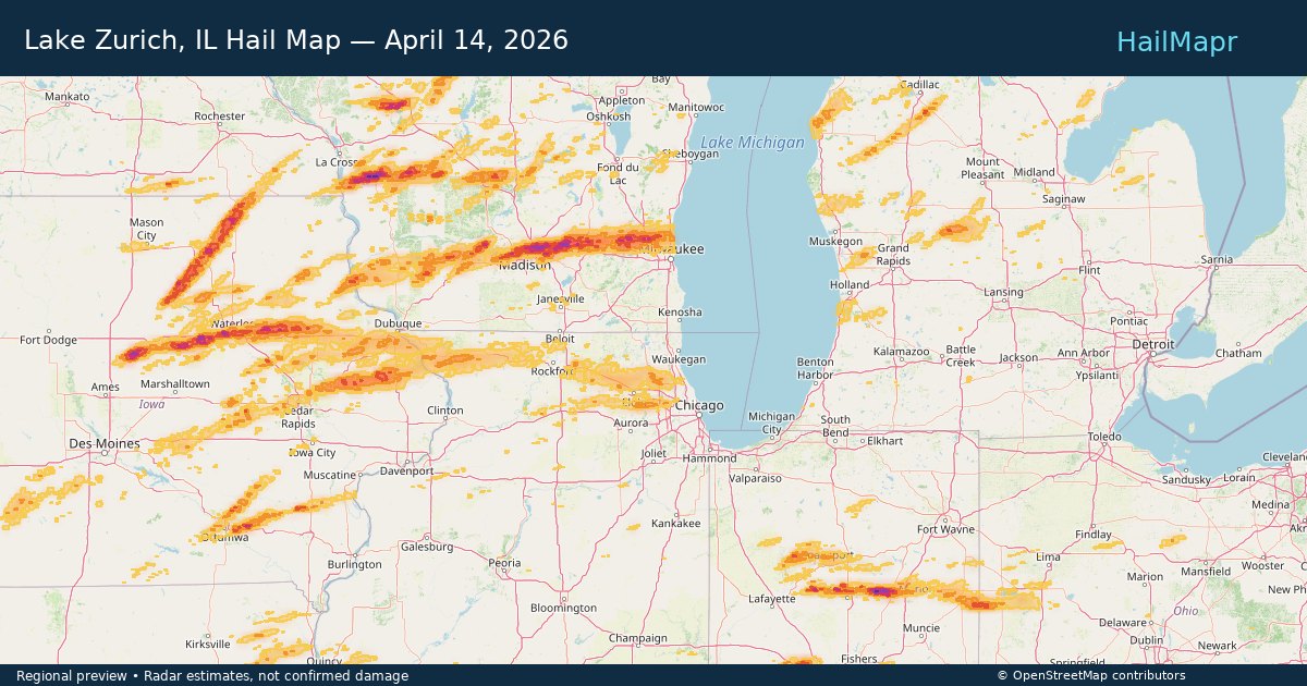 Lake Zurich, IL Hail Map — April 14, 2026 — regional heatmap and storm polygons