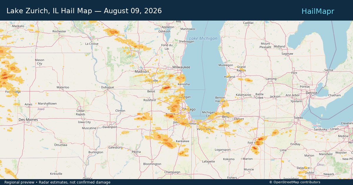 Lake Zurich, IL Hail Map — August 09, 2026 — regional heatmap and storm polygons