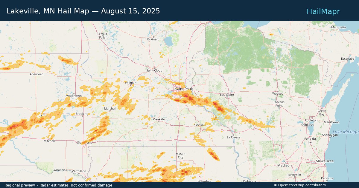 Lakeville, MN Hail Map — August 15, 2025 — regional heatmap and storm polygons