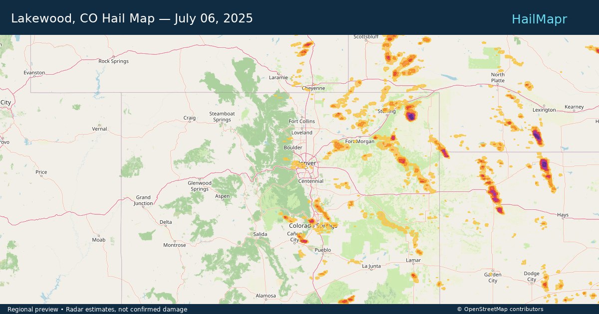 Lakewood, CO Hail Map — July 06, 2025 — regional heatmap and storm polygons