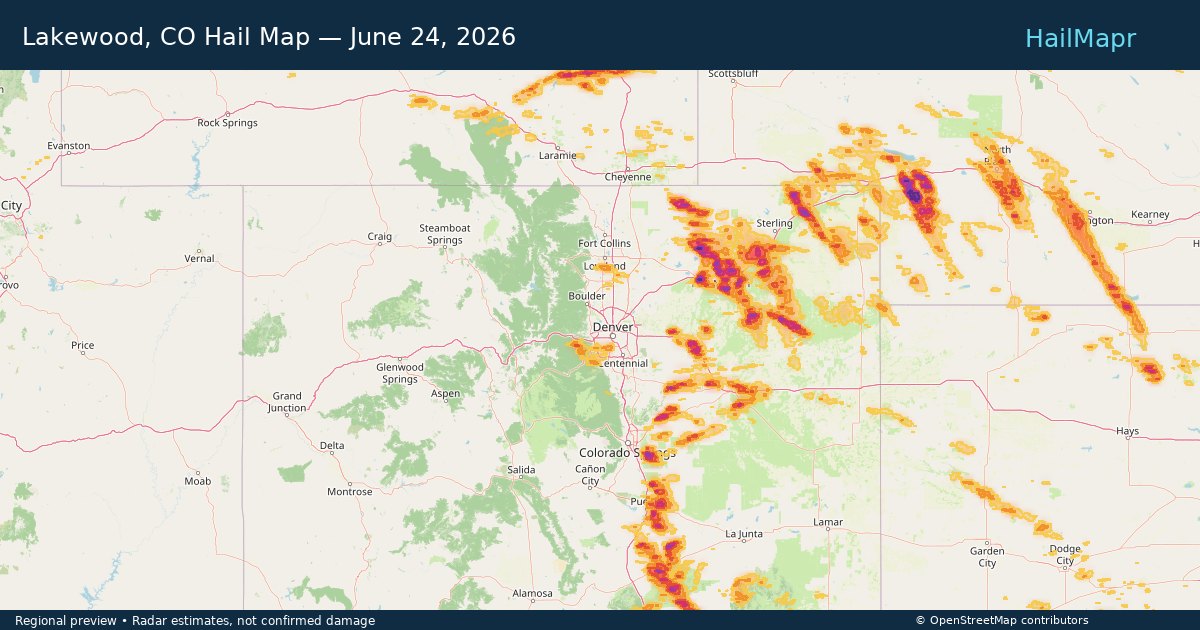 Lakewood, CO Hail Map — June 24, 2026 — regional heatmap and storm polygons