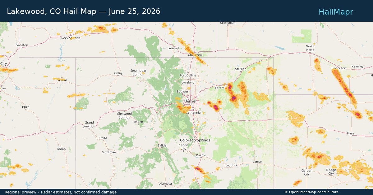 Lakewood, CO Hail Map — June 25, 2026 — regional heatmap and storm polygons
