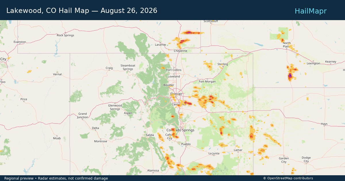 Lakewood, CO Hail Map — August 26, 2026 — regional heatmap and storm polygons