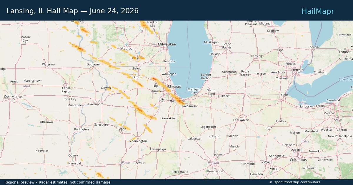 Lansing, IL — June 24, 2026 — regional hail footprint preview