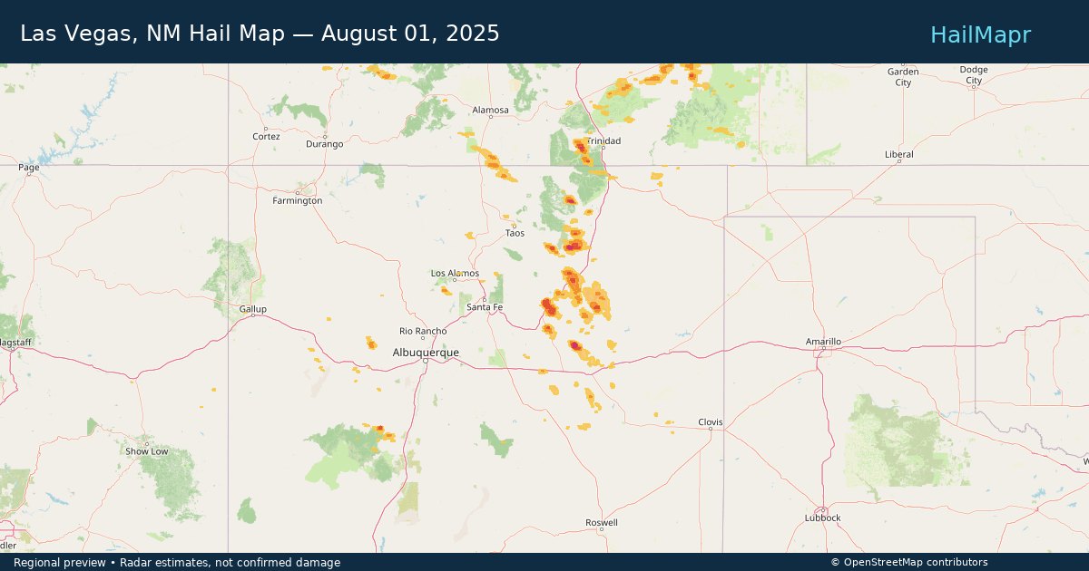 Las Vegas, NM Hail Map — August 01, 2025 — regional heatmap and storm polygons