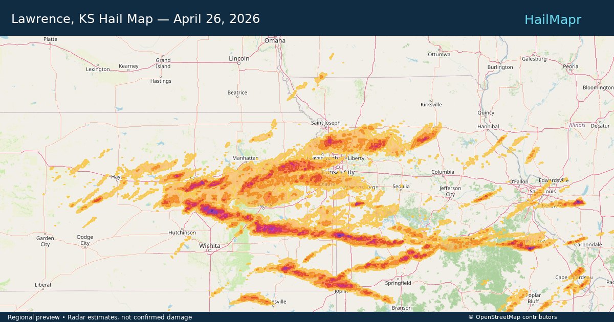 Lawrence, KS Hail Map — April 26, 2026 — regional heatmap and storm polygons