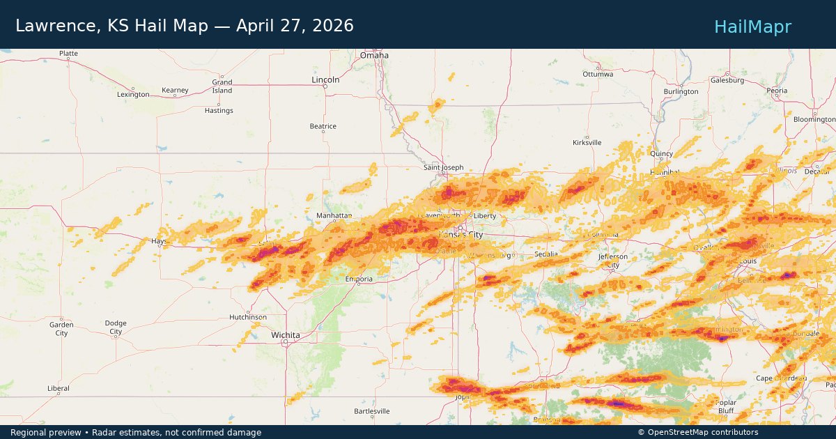 Lawrence, KS — April 27, 2026 — regional hail footprint preview