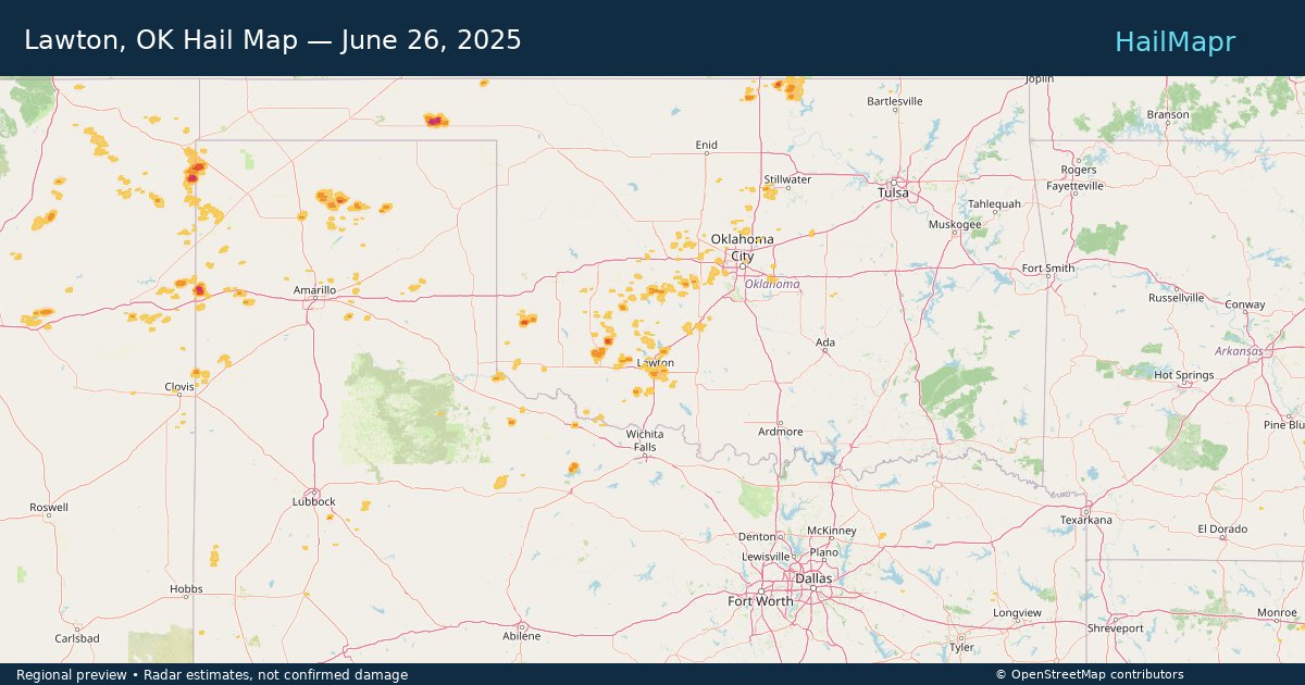 Lawton, OK Hail Map — June 26, 2025 — regional heatmap and storm polygons