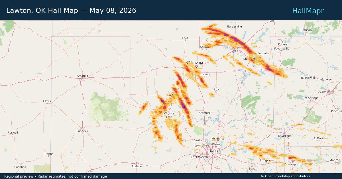 Lawton, OK Hail Map — May 08, 2026 — regional heatmap and storm polygons