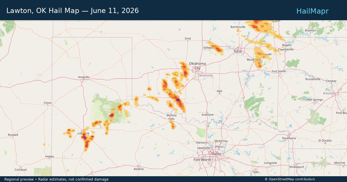 Lawton, OK Hail Map — June 11, 2026 — regional heatmap and storm polygons