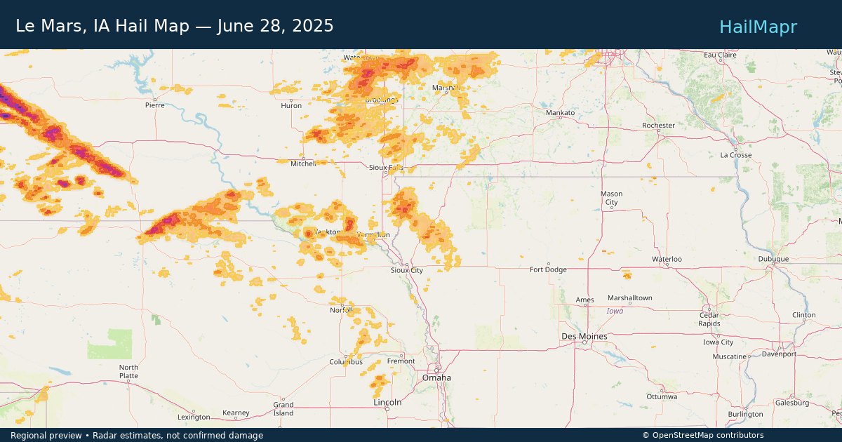 Le Mars, IA Hail Map — June 28, 2025 — regional heatmap and storm polygons