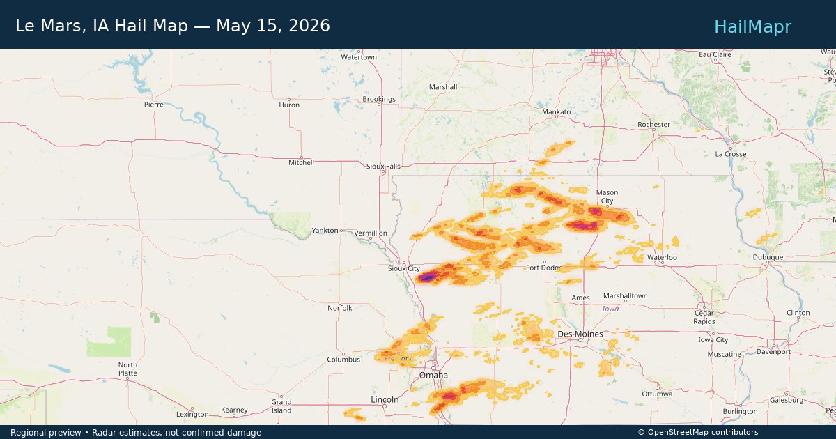 Le Mars, IA Hail Map — May 15, 2026 — regional heatmap and storm polygons