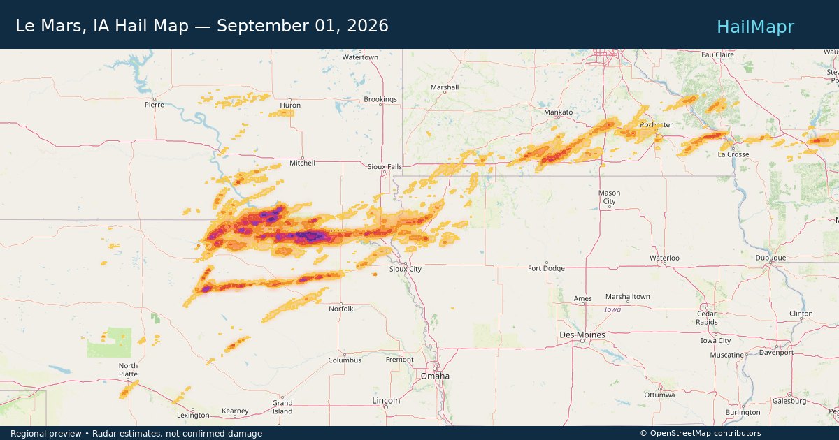 Le Mars, IA Hail Map — September 01, 2026 — regional heatmap and storm polygons