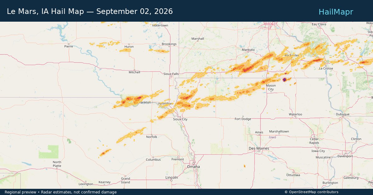 Le Mars, IA Hail Map — September 02, 2026 — regional heatmap and storm polygons