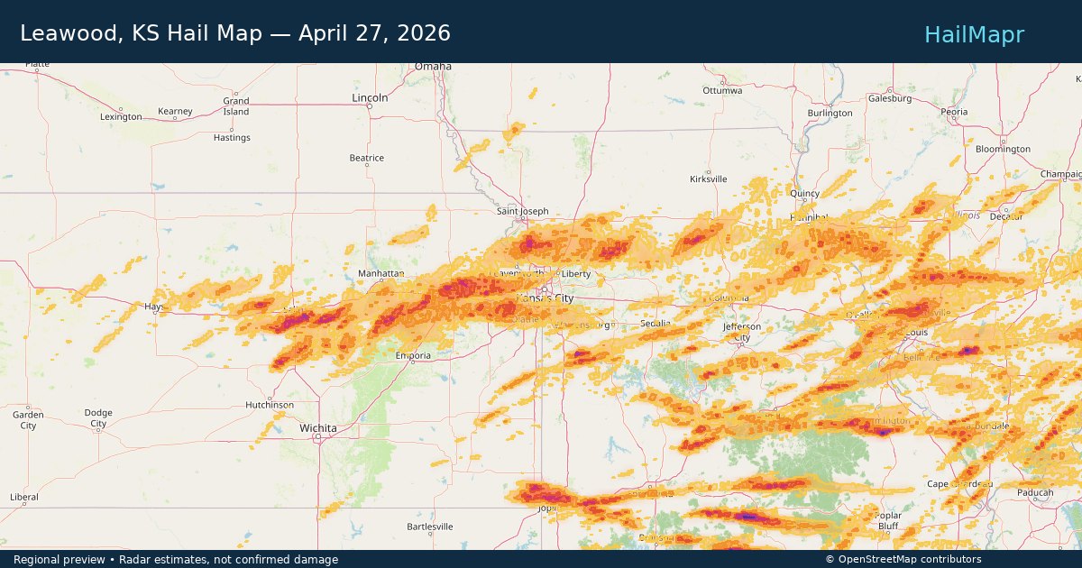 Leawood, KS Hail Map — April 27, 2026 — regional heatmap and storm polygons