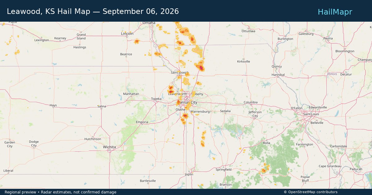 Leawood, KS Hail Map — September 06, 2026 — regional heatmap and storm polygons