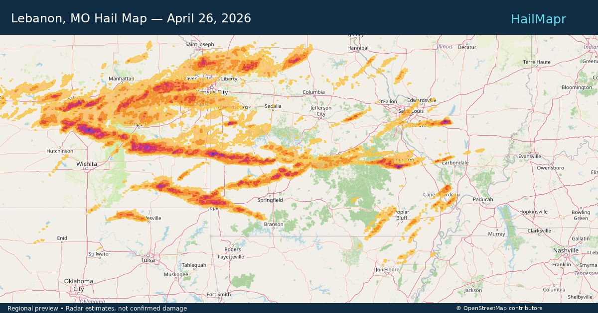 Lebanon, MO Hail Map — April 26, 2026 — regional heatmap and storm polygons