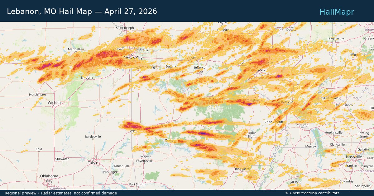 Lebanon, MO Hail Map — April 27, 2026 — regional heatmap and storm polygons