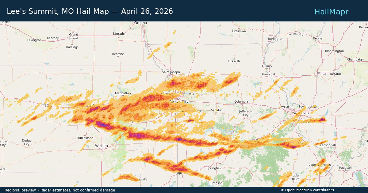 Lee's Summit, MO Hail Map — April 26, 2026 — regional heatmap and storm polygons