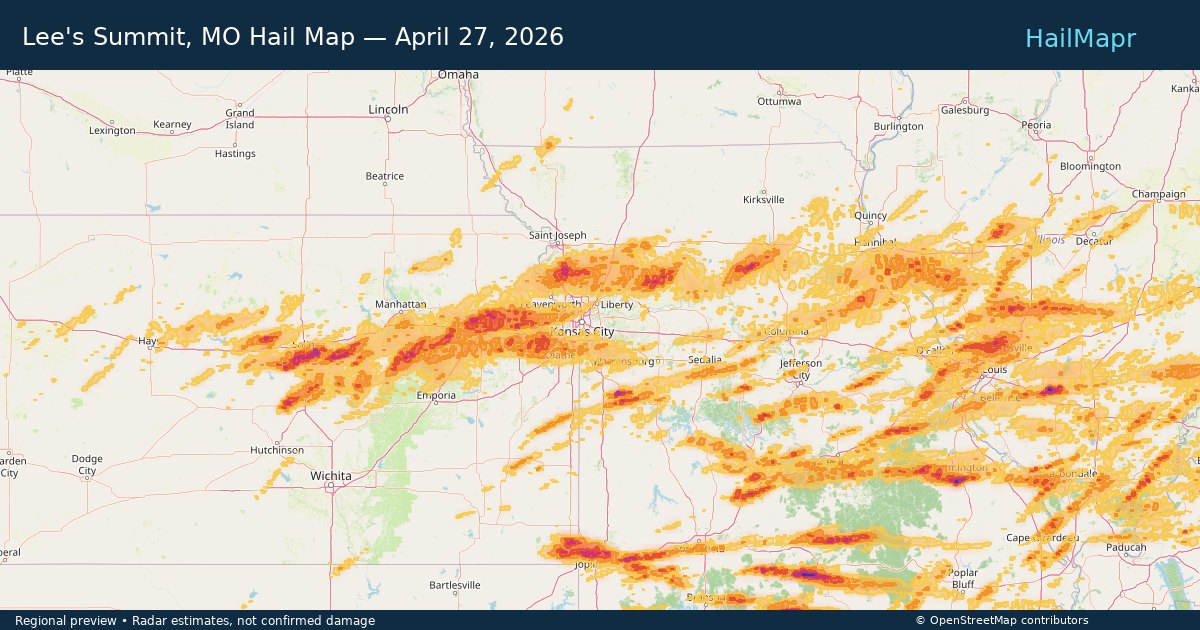 Lee's Summit, MO Hail Map — April 27, 2026 — regional heatmap and storm polygons