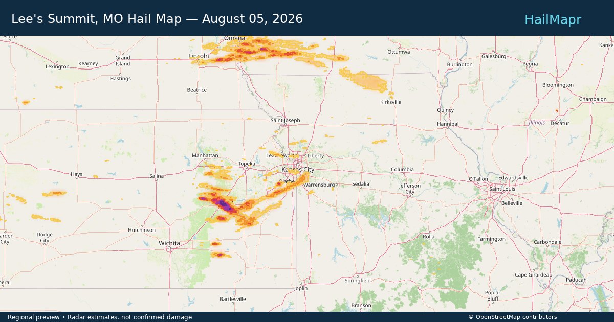 Lee's Summit, MO Hail Map — August 05, 2026 — regional heatmap and storm polygons