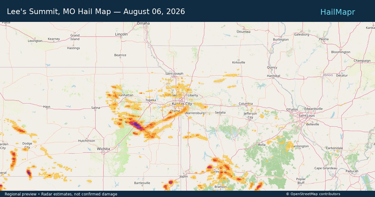 Lee's Summit, MO Hail Map — August 06, 2026 — regional heatmap and storm polygons