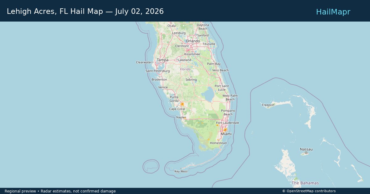Lehigh Acres, FL Hail Map — July 02, 2026 — regional heatmap and storm polygons