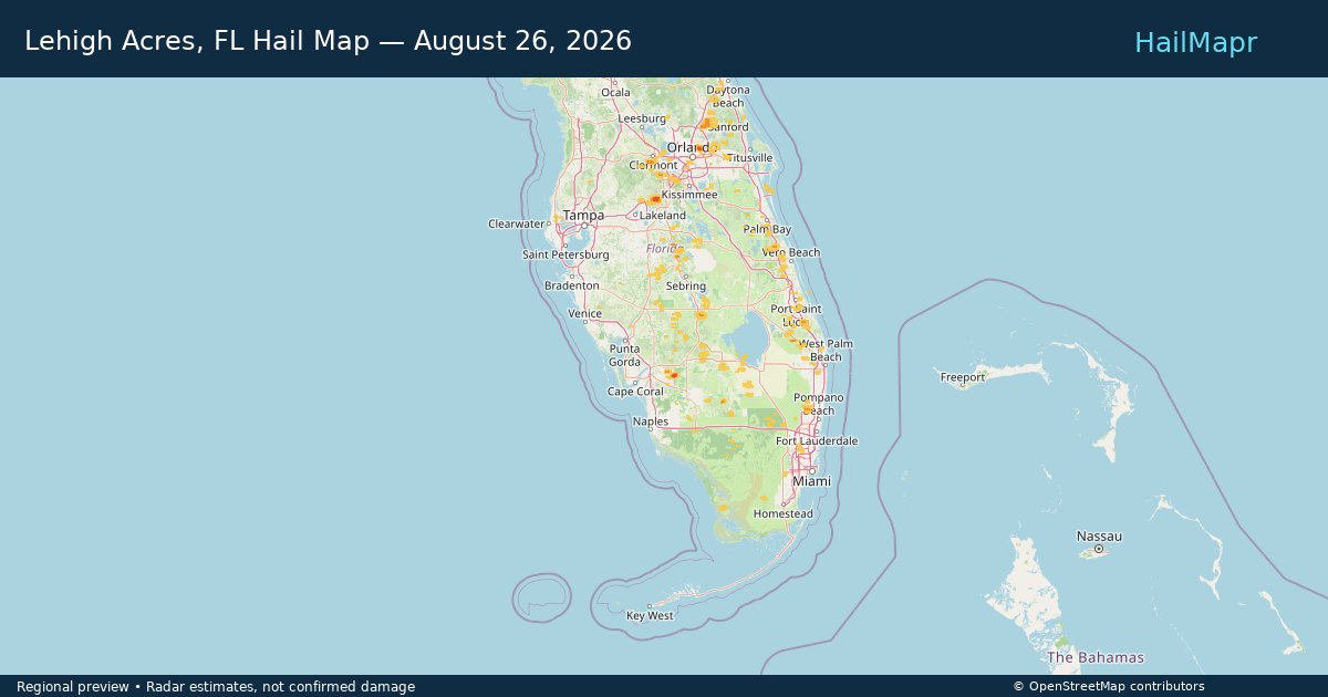 Lehigh Acres, FL Hail Map — August 26, 2026 — regional heatmap and storm polygons