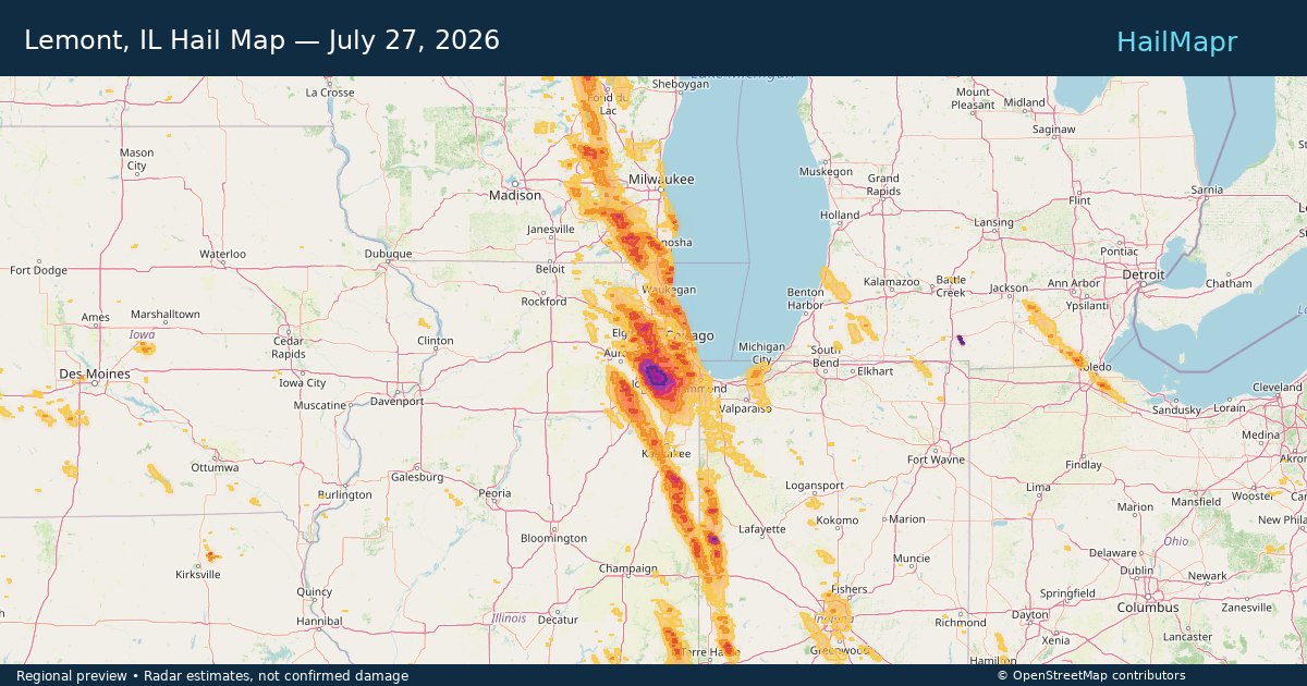 Lemont, IL Hail Map — July 27, 2026 — regional heatmap and storm polygons