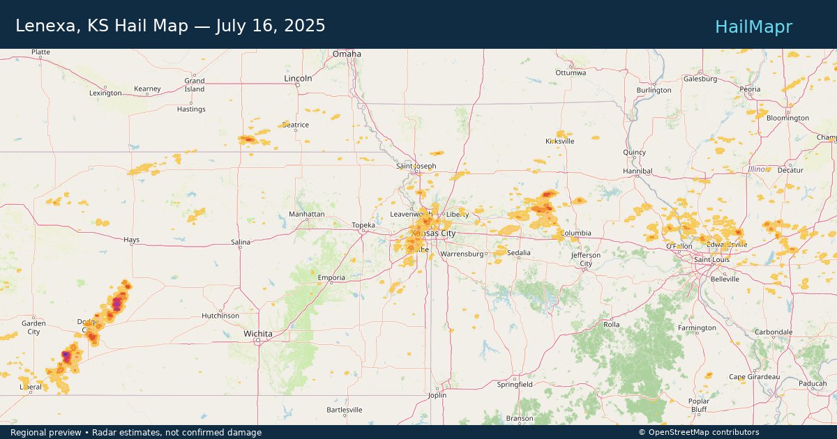 Lenexa, KS Hail Map — July 16, 2025 — regional heatmap and storm polygons