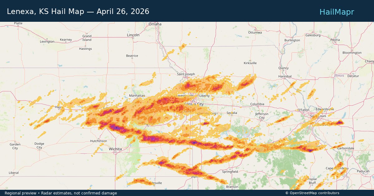 Lenexa, KS Hail Map — April 26, 2026 — regional heatmap and storm polygons