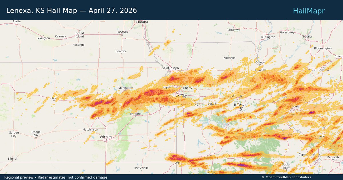 Lenexa, KS Hail Map — April 27, 2026 — regional heatmap and storm polygons