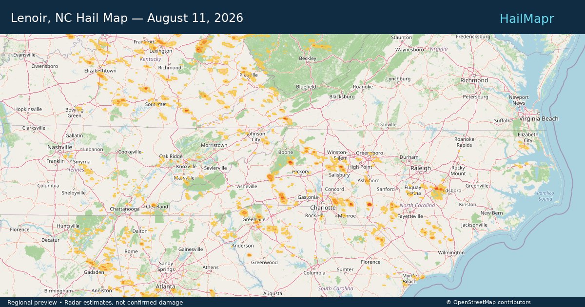 Lenoir, NC Hail Map — August 11, 2026 — regional heatmap and storm polygons