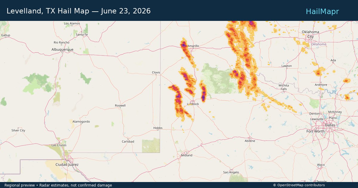 Levelland, TX Hail Map — June 23, 2026 — regional heatmap and storm polygons