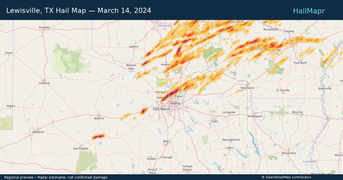 Lewisville, TX Hail Map — March 14, 2024 — regional heatmap and storm polygons