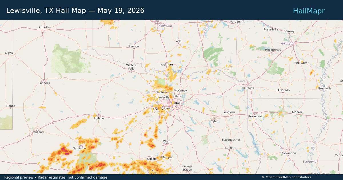 Lewisville, TX — May 19, 2026 — regional hail footprint preview