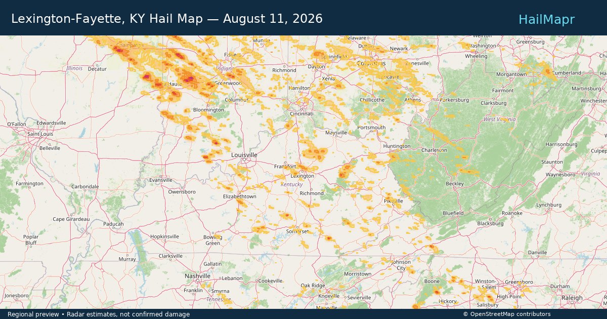 Lexington-Fayette, KY — August 11, 2026 — regional hail footprint preview