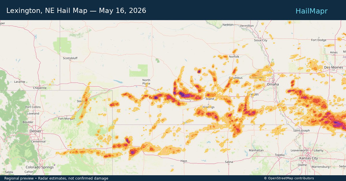 Lexington, NE Hail Map — May 16, 2026 — regional heatmap and storm polygons
