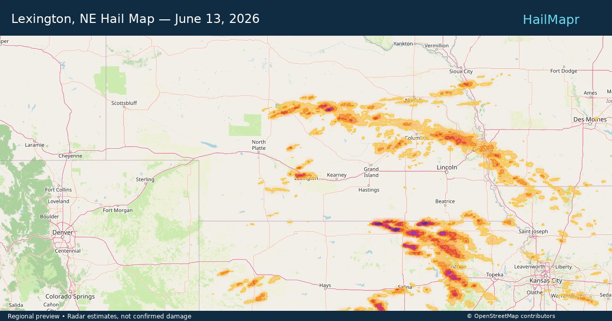 Lexington, NE Hail Map — June 13, 2026 — regional heatmap and storm polygons