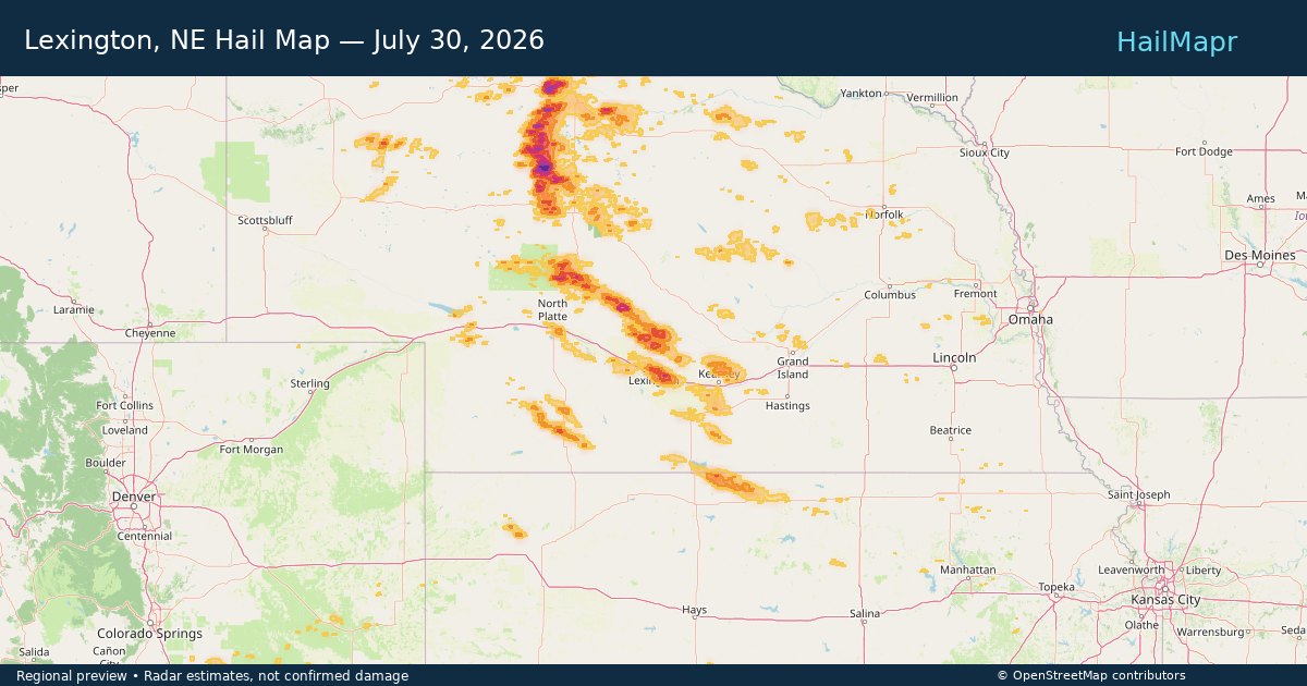 Lexington, NE Hail Map — July 30, 2026 — regional heatmap and storm polygons