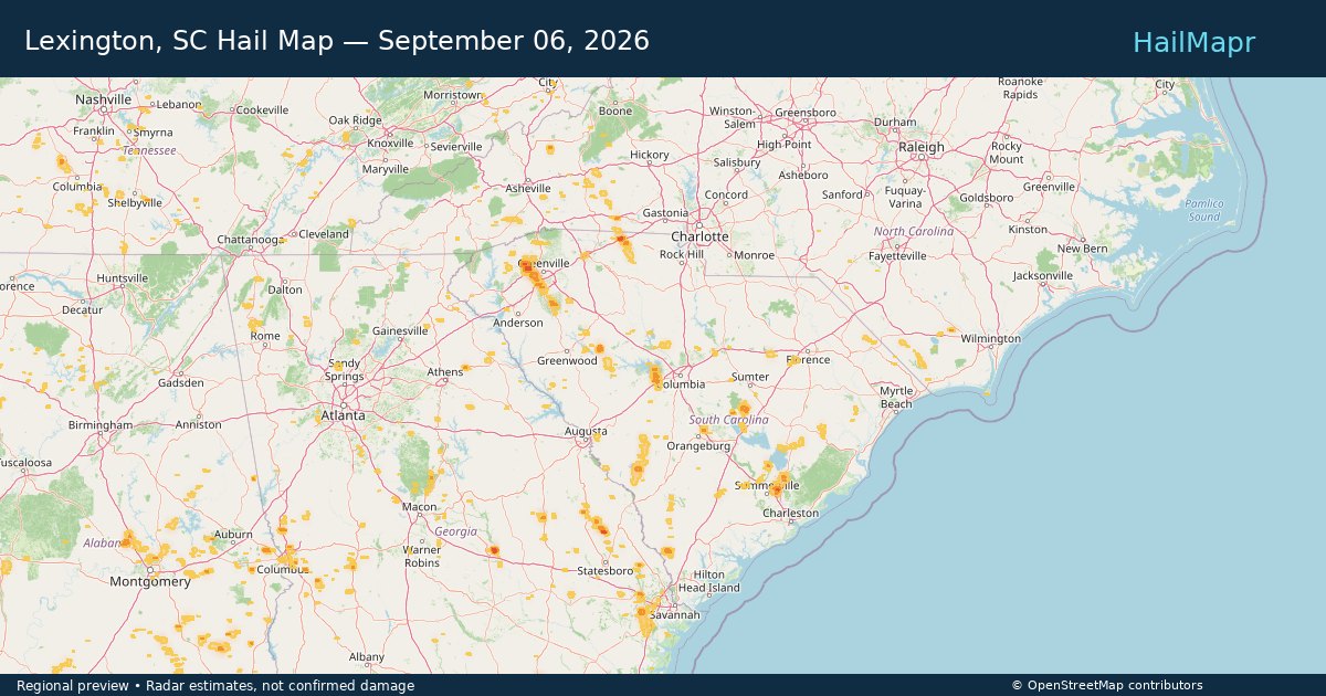 Lexington, SC Hail Map — September 06, 2026 — regional heatmap and storm polygons