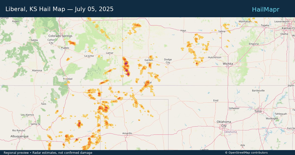Liberal, KS Hail Map — July 05, 2025 — regional heatmap and storm polygons