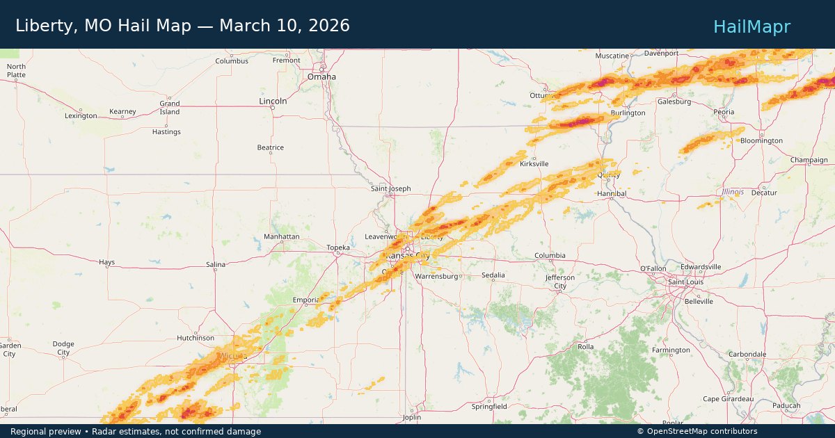 Liberty, MO — March 10, 2026 — regional hail footprint preview