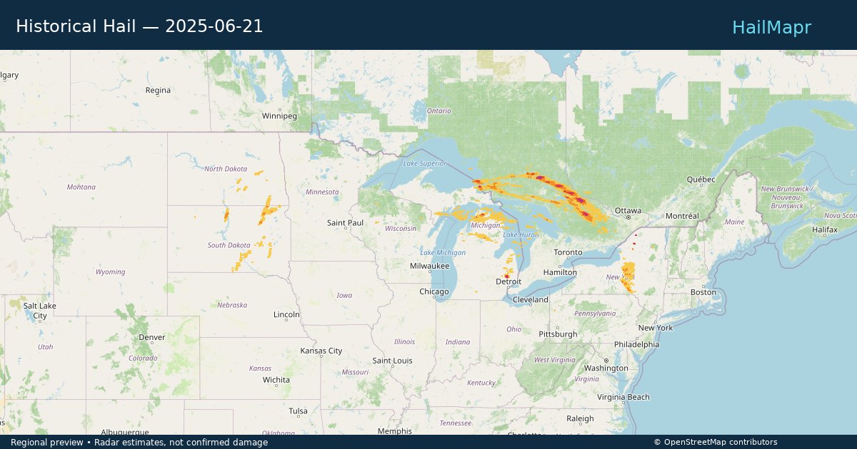 Historical Hail — 2025-06-21 — regional heatmap and storm polygons
